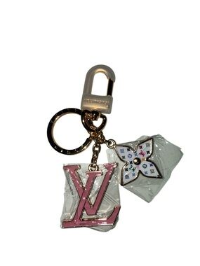 Designer-Inspired Pink Logo Bag Charm Keychain Multicolor Floral Accent